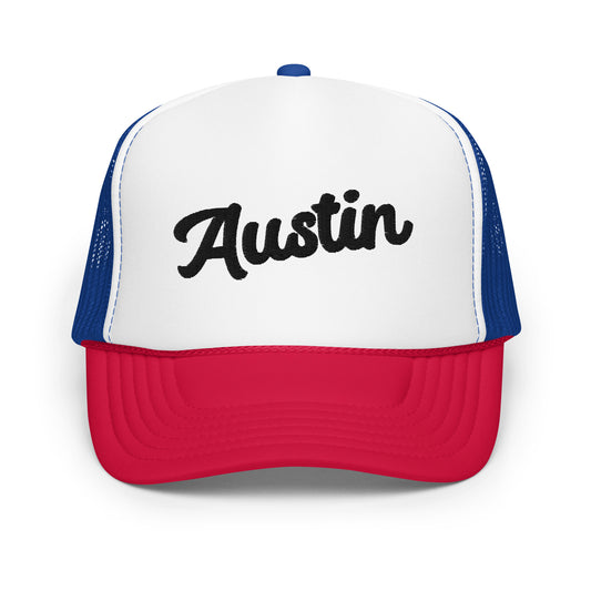 "Austin" Cursive Foam Trucker Hat (Red/White/Blue)