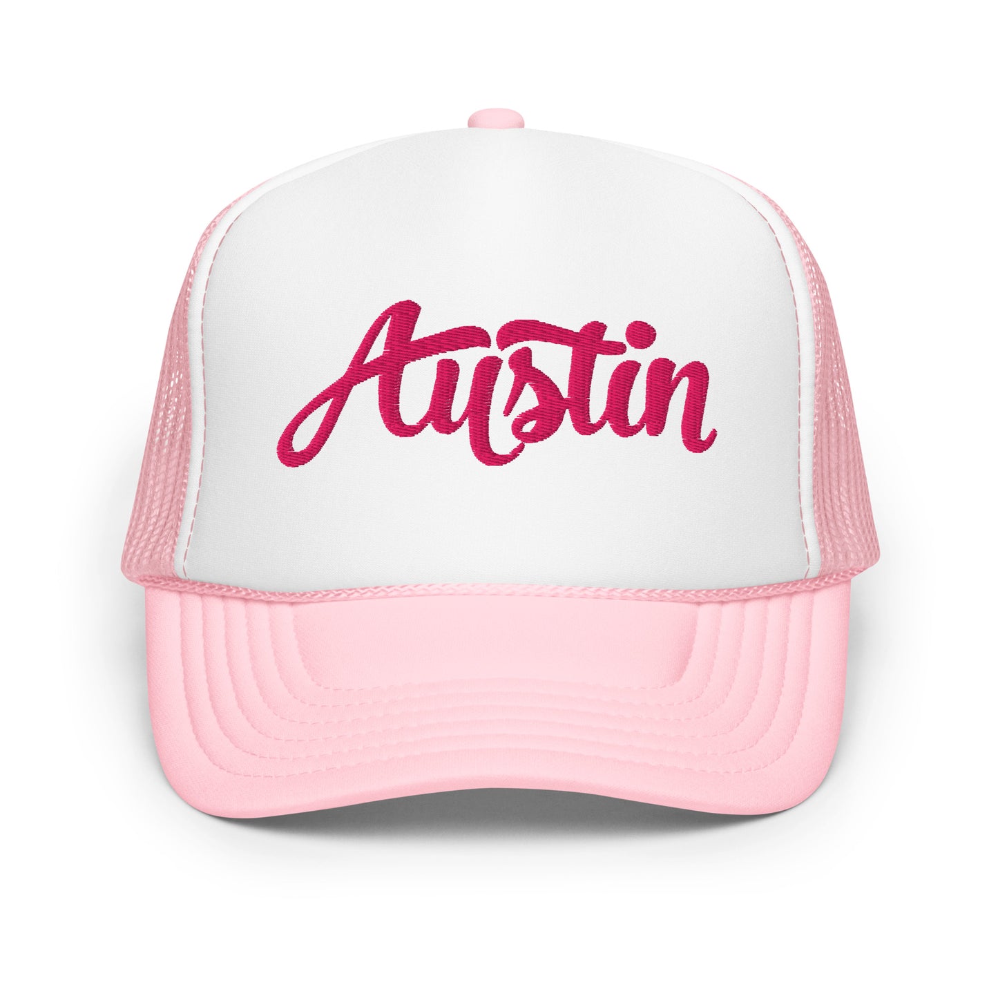 "Austin" Cursive Trucker Hat (Pink/White/Pink)