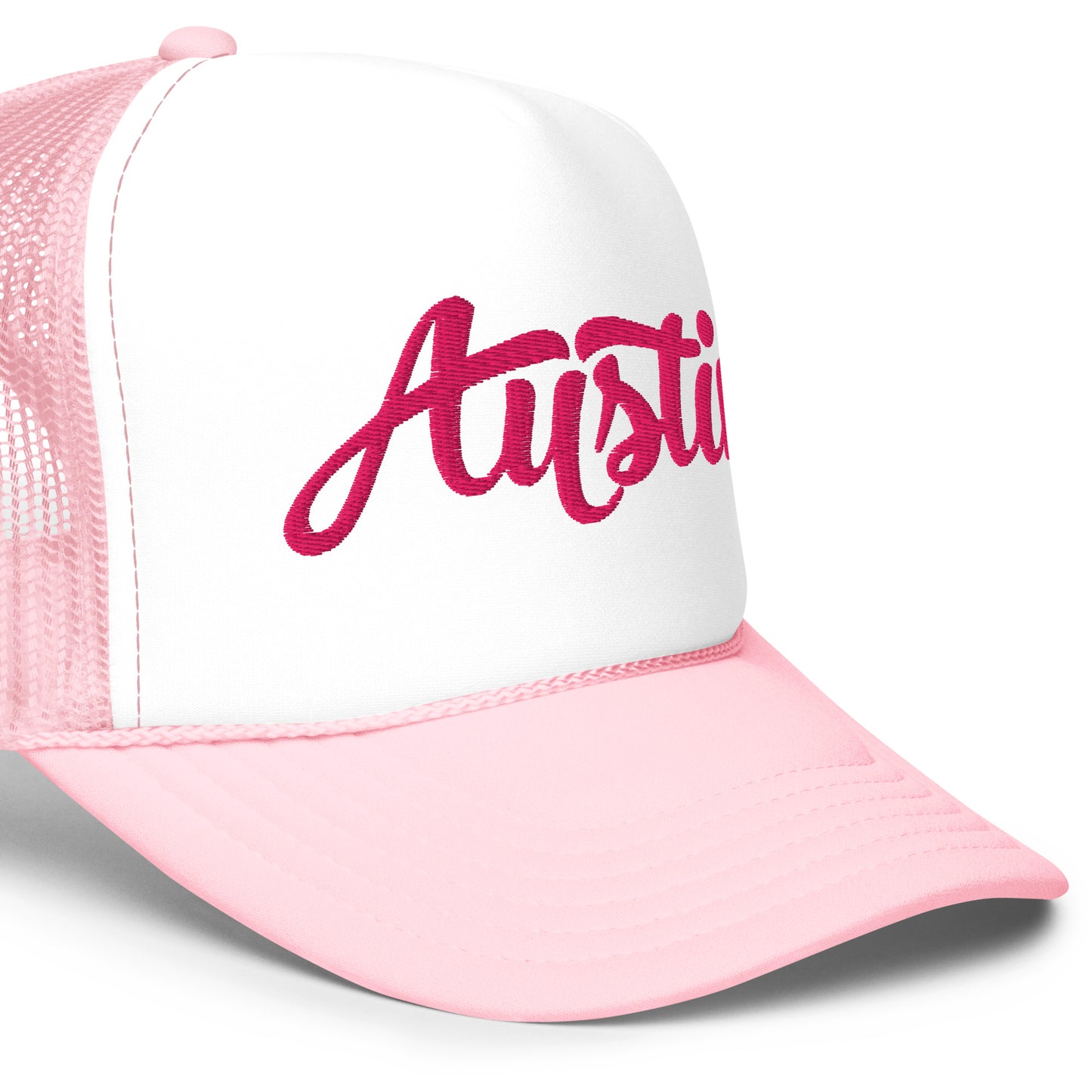 "Austin" Cursive Trucker Hat (Pink/White/Pink)