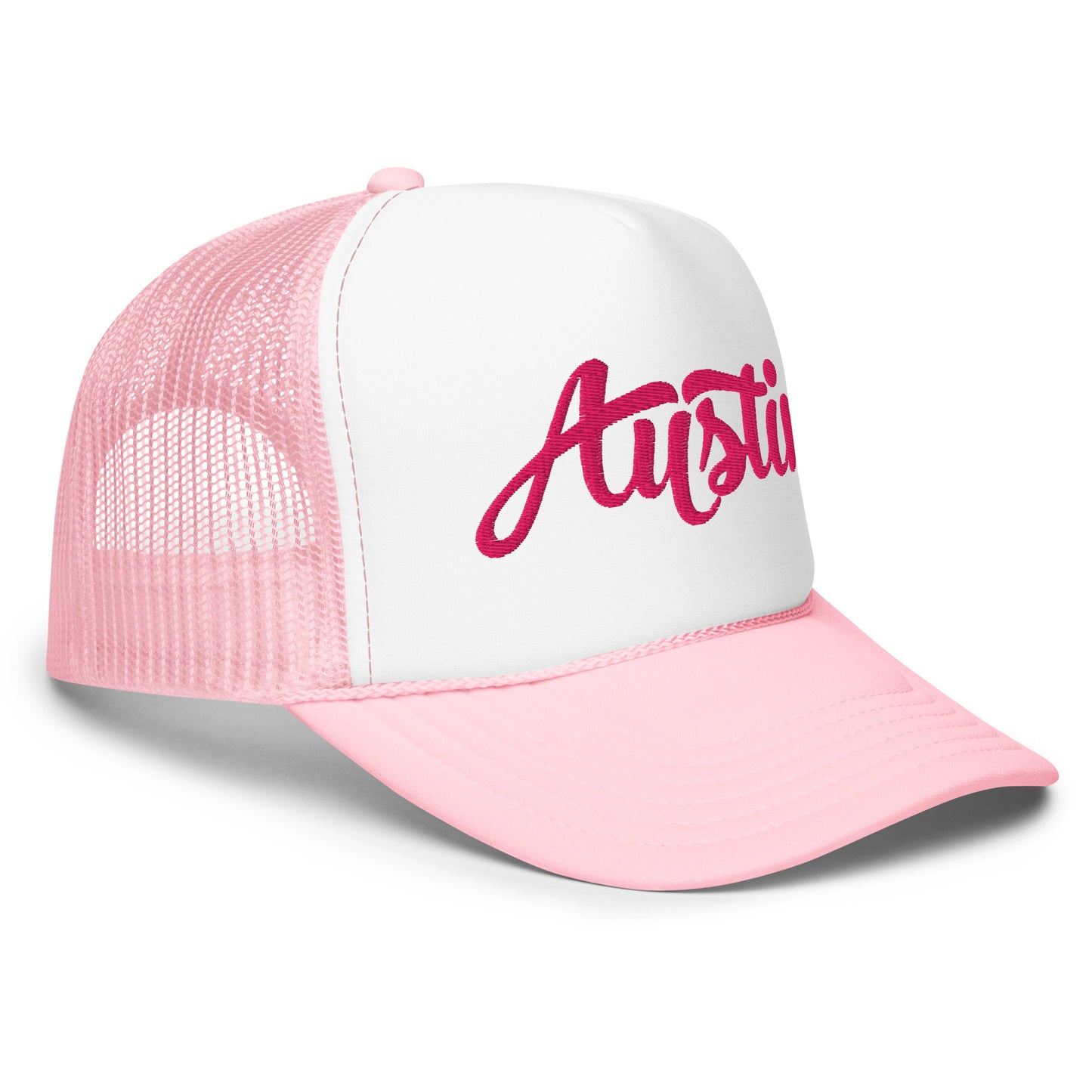 "Austin" Cursive Trucker Hat (Pink/White/Pink)