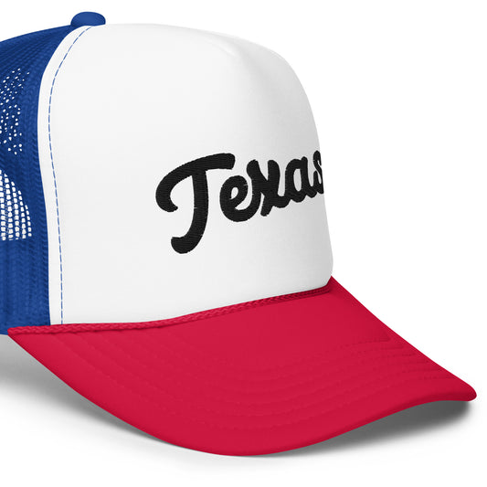 "Texas" Cursive Foam Trucker Hat (Red, White, and Blue)